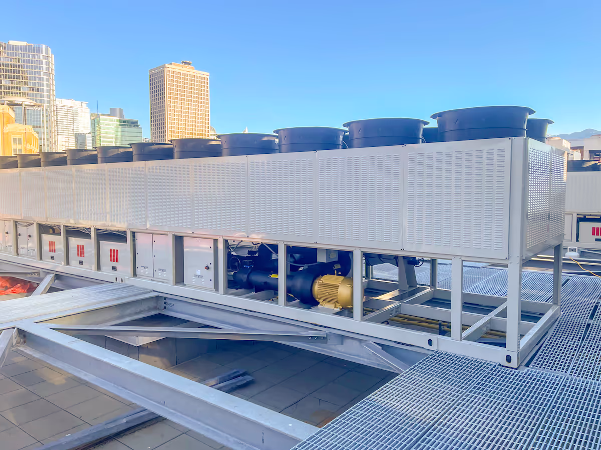 Rooftop cooling unit and structural supports at the British Columbia data centre