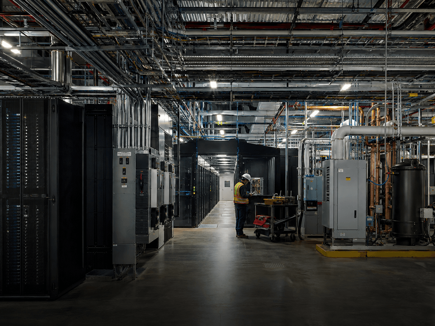 Technician working among server racks and mechanical systems in a data centre