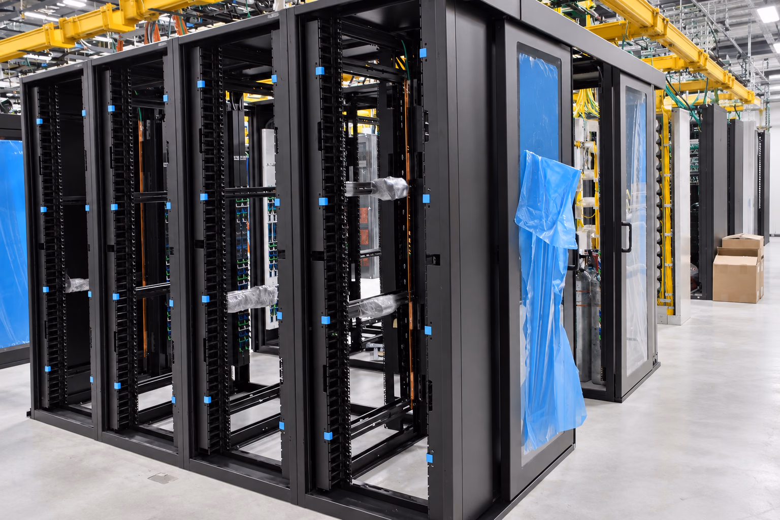 Open equipment racks with blue protective coverings inside the data centre