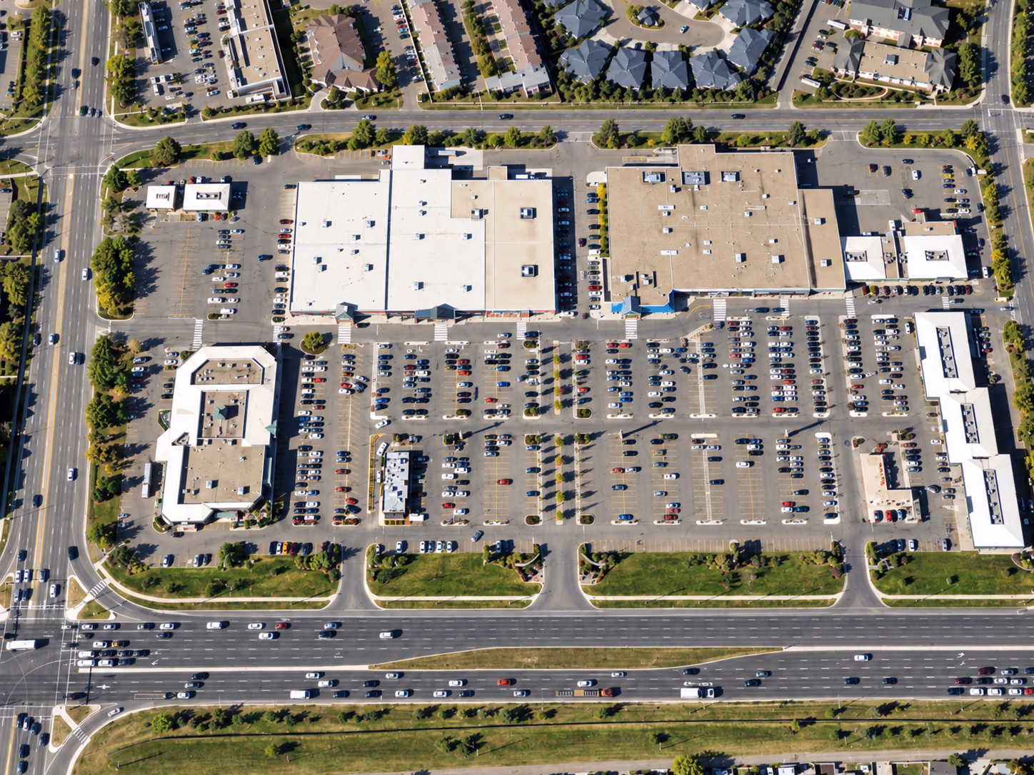 Aerial view of Terra Losa Shopping Centre and its parking area in Edmonton